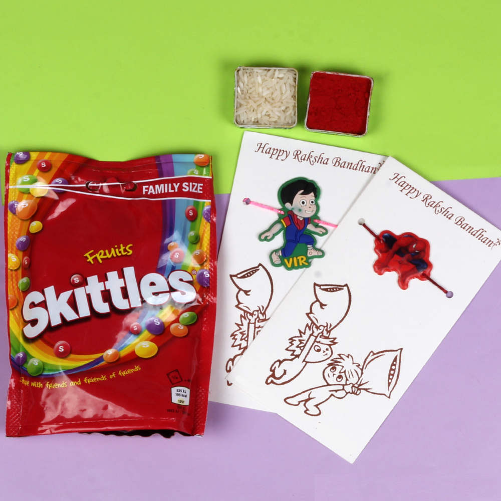 Pair of Kids Rakhis and Skittles Chocolates