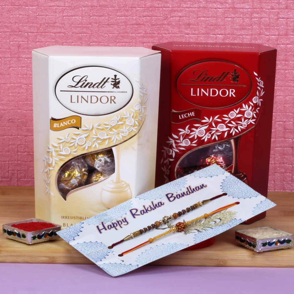 Pair of Fancy Rakhi Two Lindor Chocolate Box