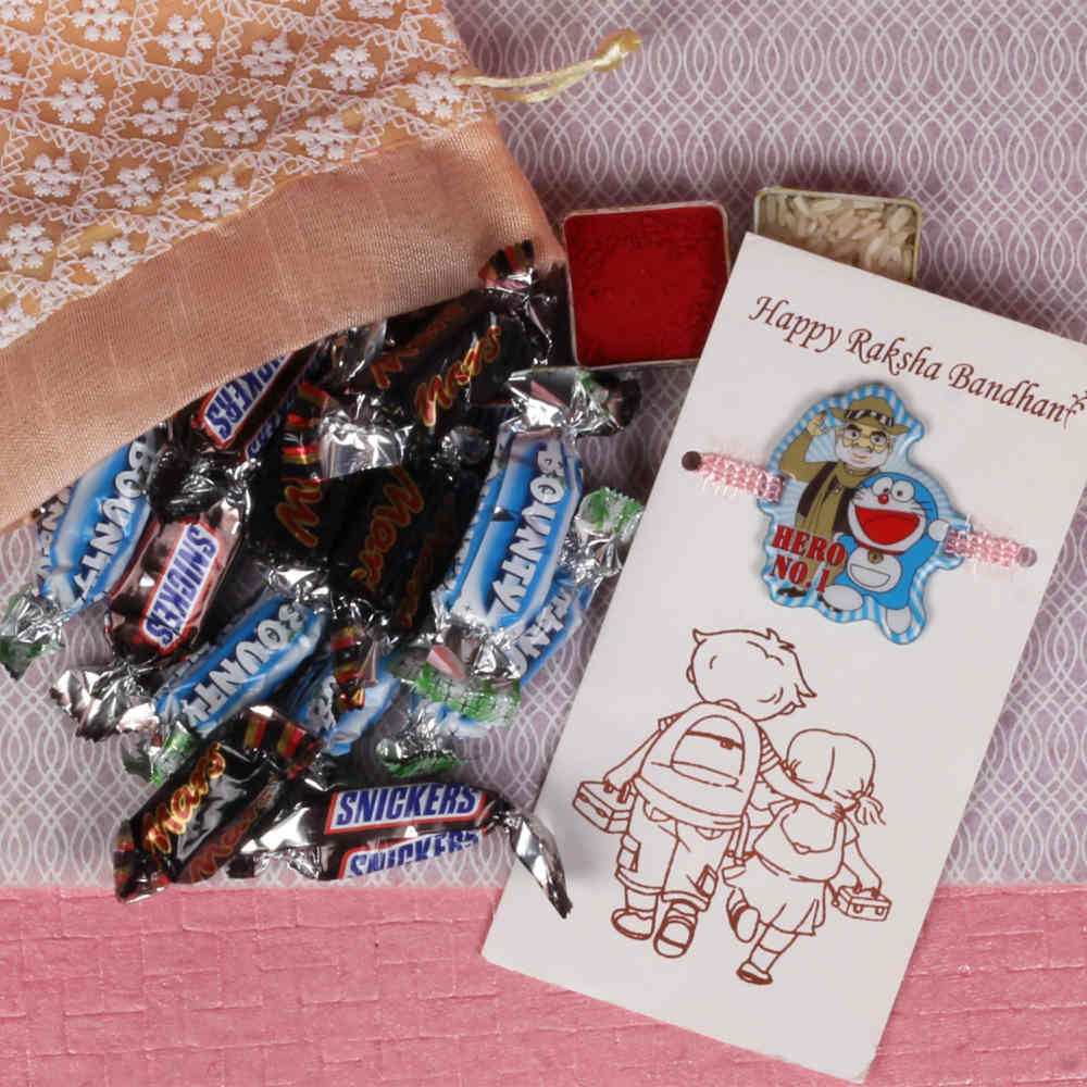 Cute Kids Rakhi and Imported Miniature Chocolates