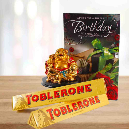 Birthday Combo of Toblerone Chocolates Laughing Buddha and Card
