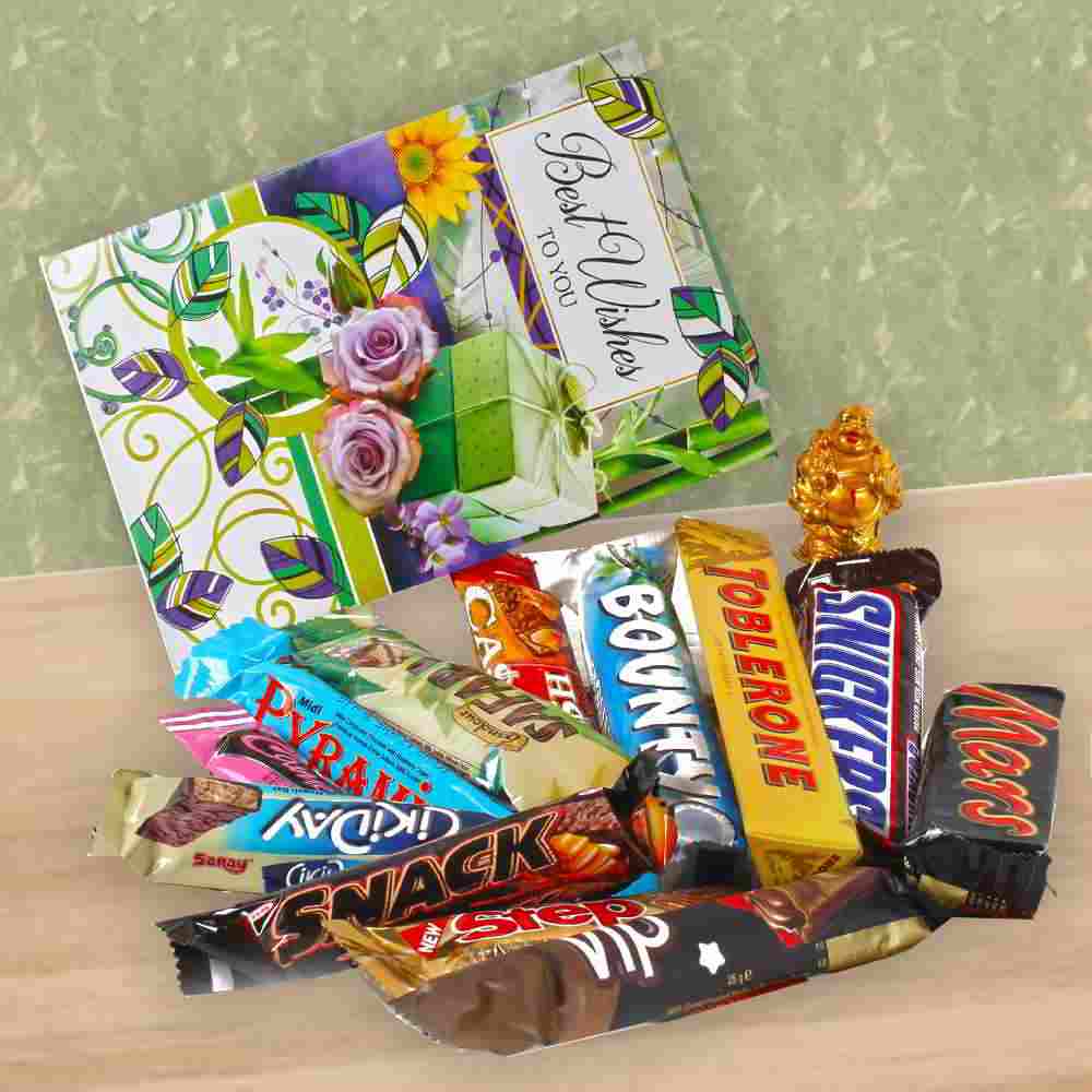 Imported Assorted Chocolates and Laughing Buddha with Best wishes Card