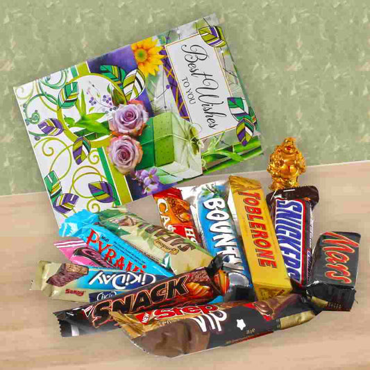 Imported Assorted Chocolates and Laughing Buddha with Best wishes Card