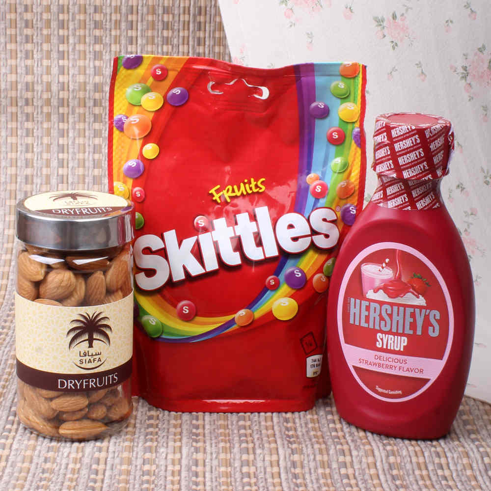 Skittles Fruits Chocolate and Hershey's Syrup with Almond pack