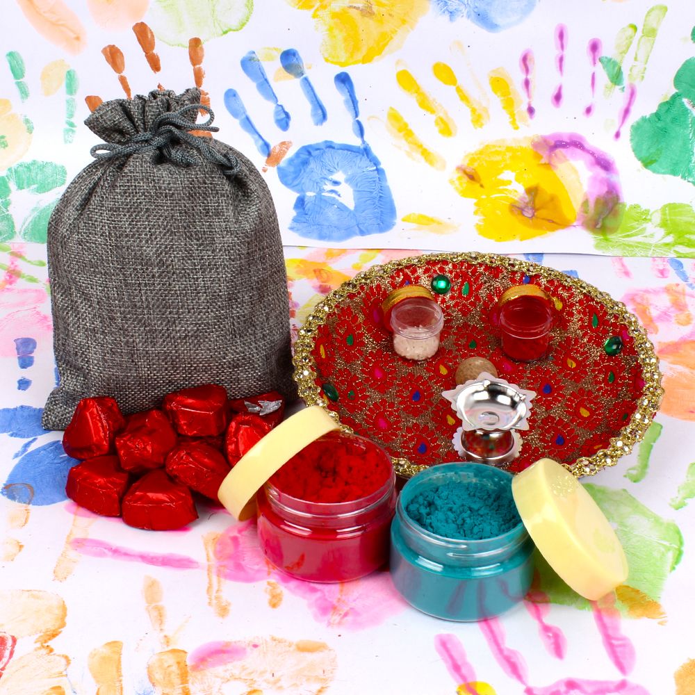 Holi Special Pooja Thali with Home made chocolates and Herbal Colors