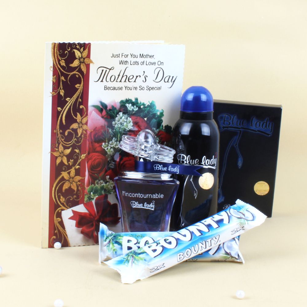 Mothers Special Blue Lady Perfume and Bounty Chocolates with Card