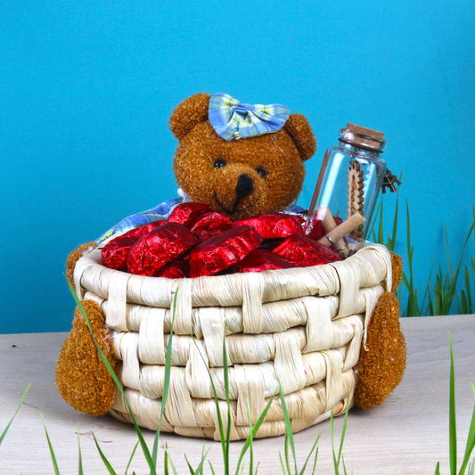 Combo of Teddy Basket of Heart Chocolate and Message Bottle