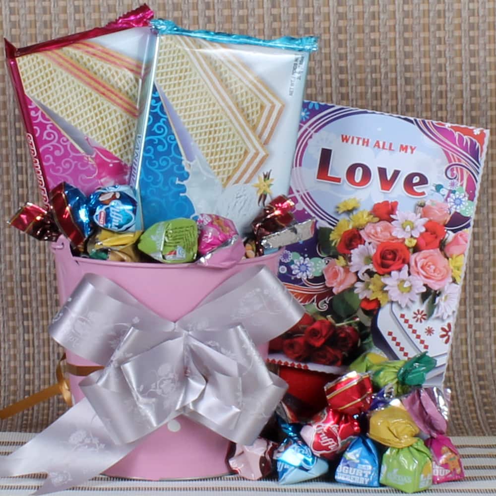 Valentines Gift Bucket of Chocolates and Wafers Biscuit