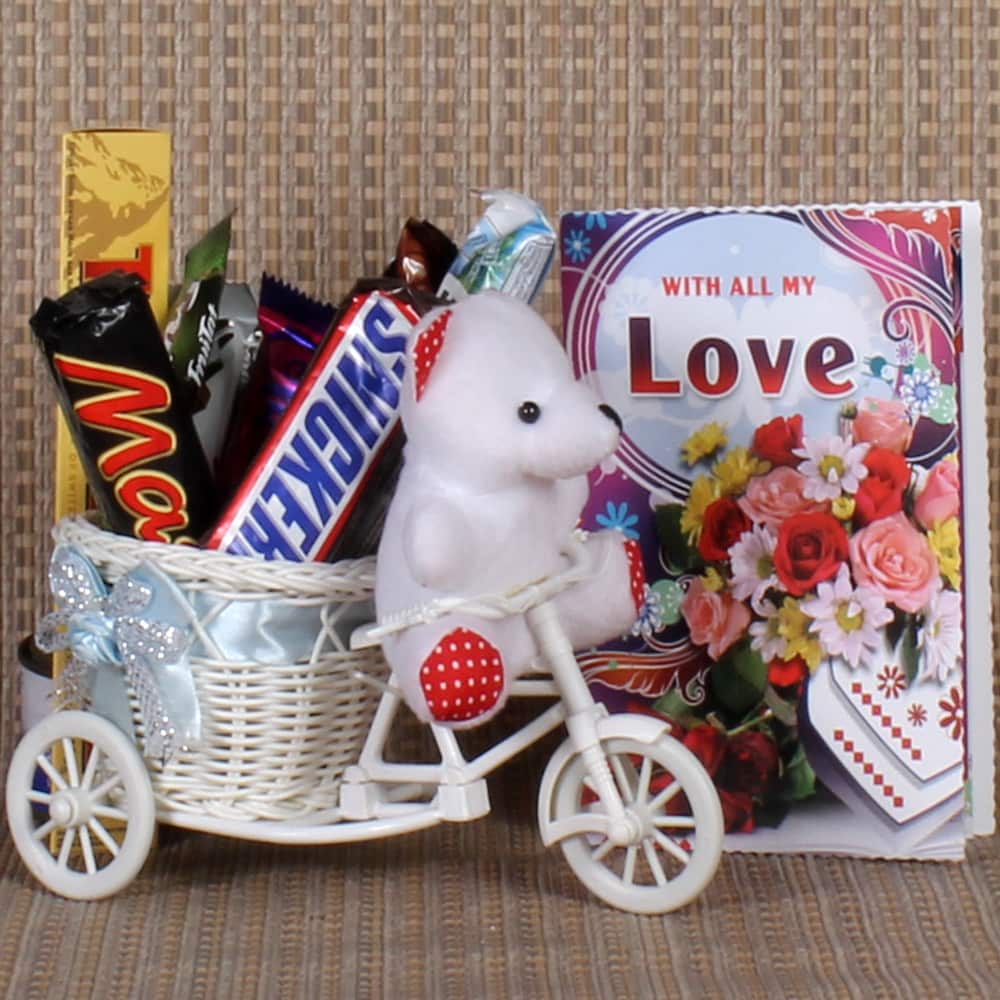 Valentines Cycle Basket of Teddy with Chocolate