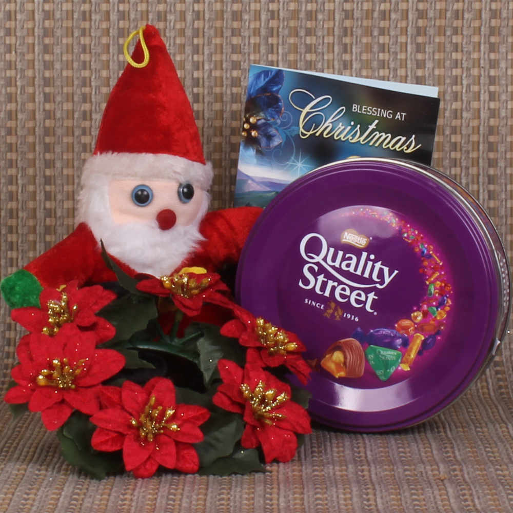 Gift of Chocolate and Santa Toy with Rosette Xmas Wreath