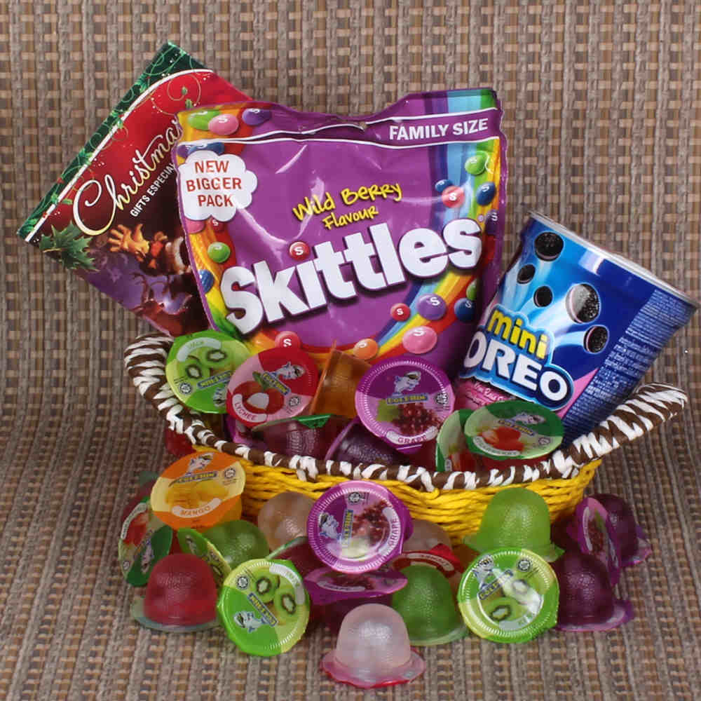 Xmas Gift Basket of Skittles and Mini Oreo with Fruit Jelly