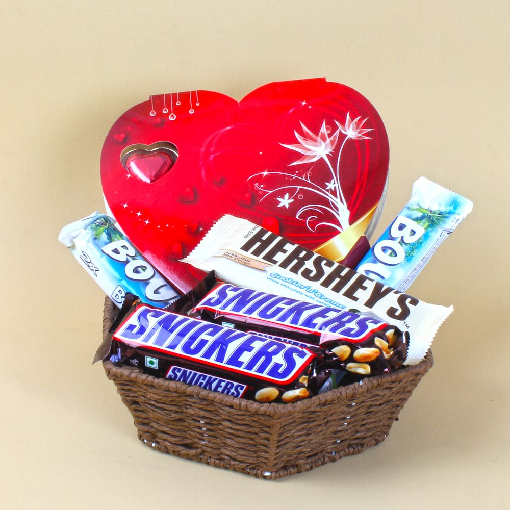 Yummy Basket of Hershey's and Snickers with Heart shape Chocolate Box