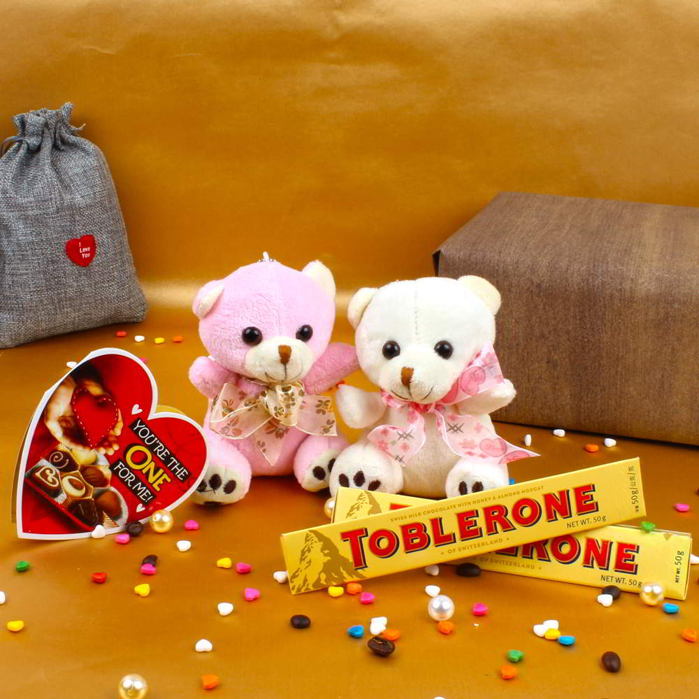 Love Combo of Couple Teddy with Toblerone Chocolates